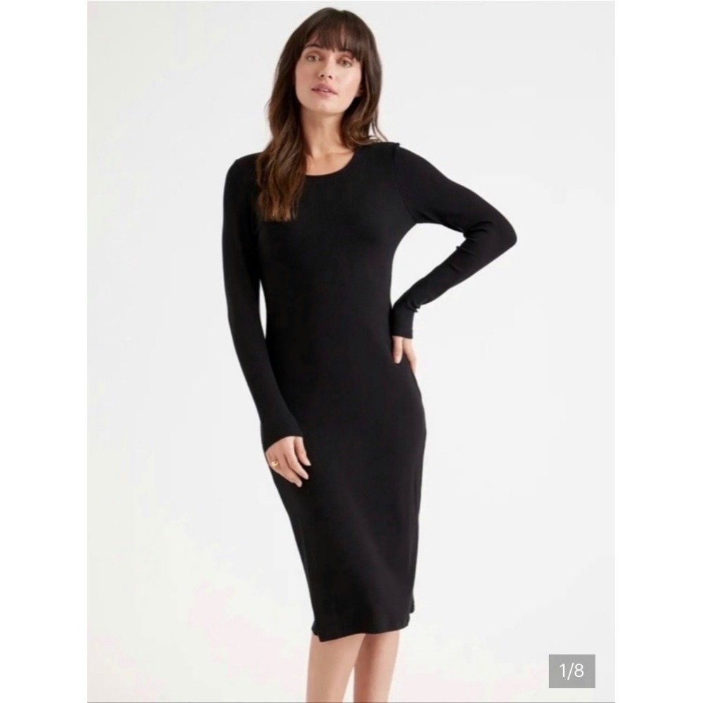 Quince Rib Knit Midi Dress Womens Small Black Excellent Tencel Long Sleeve Scoop